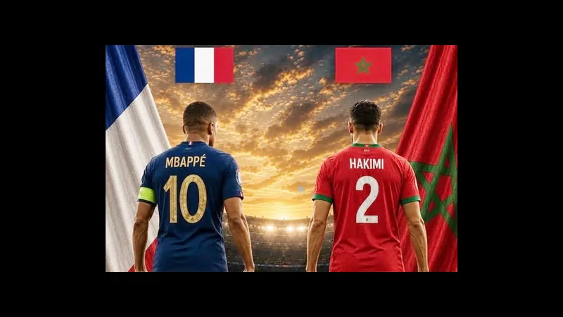 Cầu thủ Pháp và Morocco tranh chấp quả bóng trên sân cỏ